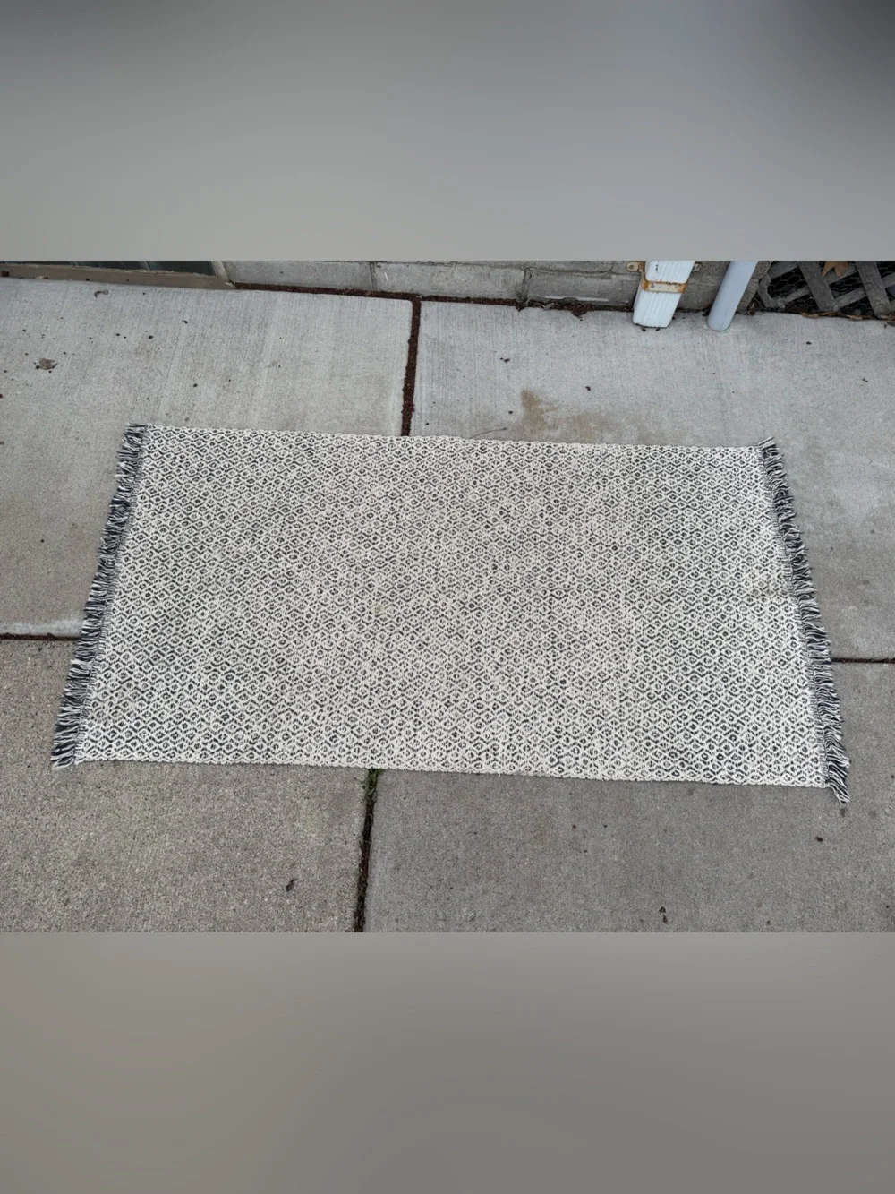 Modern Boho Blue & White Geometric Rug with Fringe